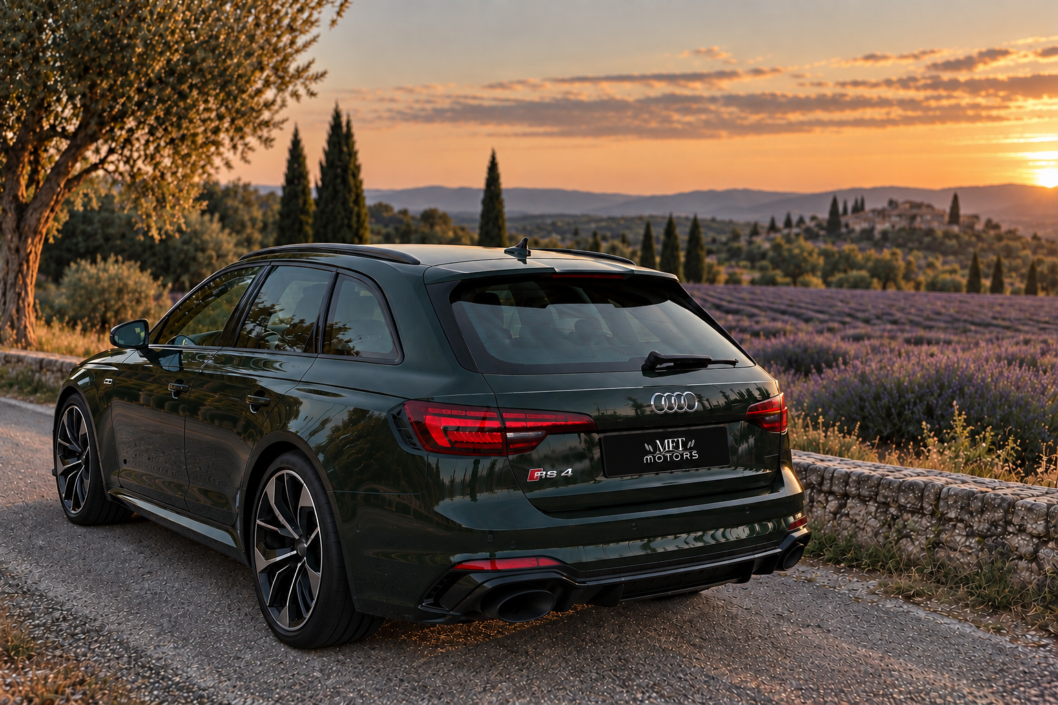 Audi RS4 Avant vert olive sur une route de Provence au coucher du soleil